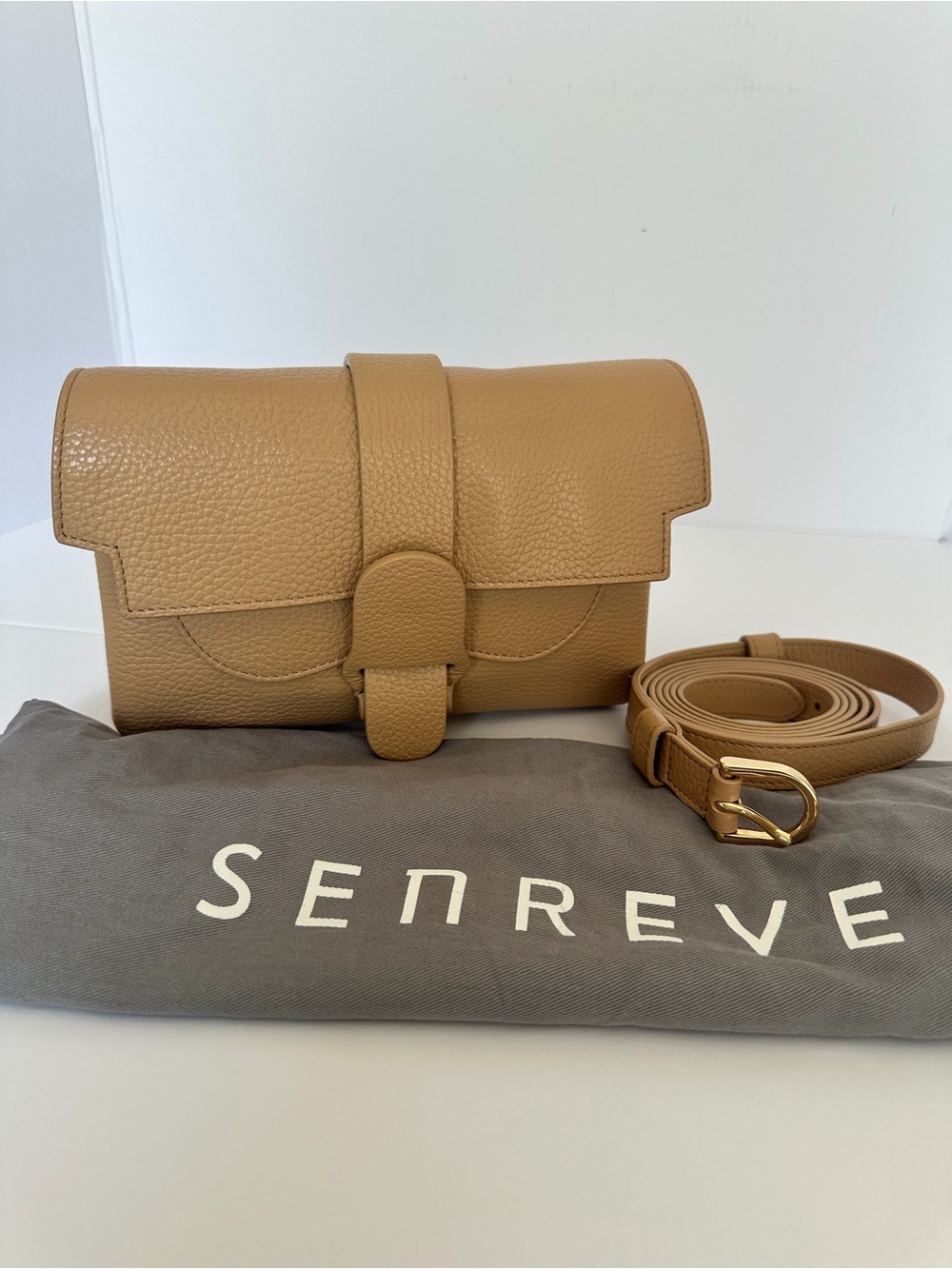 Senreve Aria Camel/Tan Pebbled Leather Crossbody Belt Bag with Gold Hardware